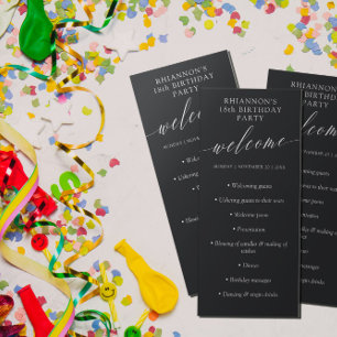 Matte Black Delicate Calligraphy Birthday Party Programma