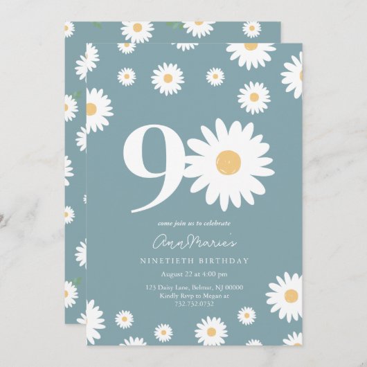 Matte Blue Daisy 90e Invitation anniversaire (Devant / Derrière)