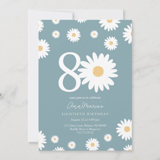 Matte Blue Daisy Invitation d'anniversaire 80e (Devant)