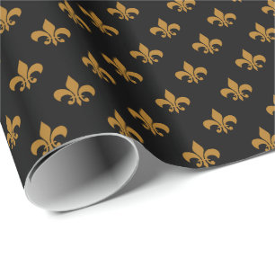 Matte Gouden Fleur-de-lis op Zwart Cadeaupapier