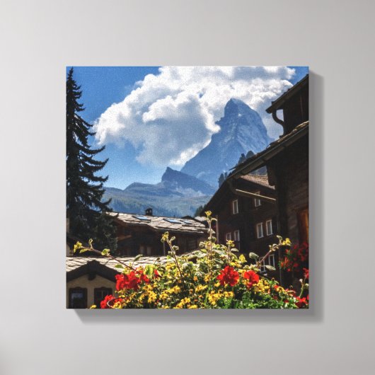Matterhorn en Zermatt-dorpshuizen, Zwitserland Canvas Afdruk (Voorkant)