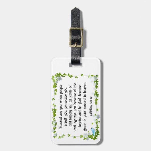 Matteüs 5:11-12 Gezegend bent u zaligheden Bijbel Bagagelabel (Voorkant verticaal)