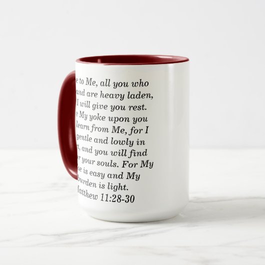 Mattheüs 11:28 Aangepaste Schrift Two-Tone Koffie  Mok (Voorkant links)