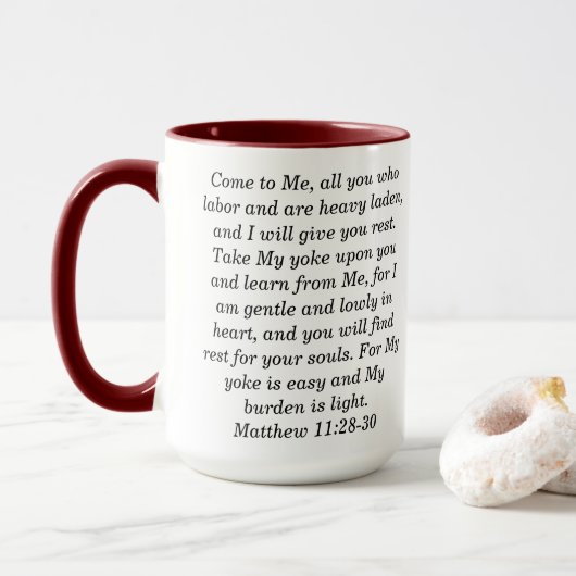 Mattheüs 11:28 Aangepaste Schrift Two-Tone Koffie  Mok (Met donut)