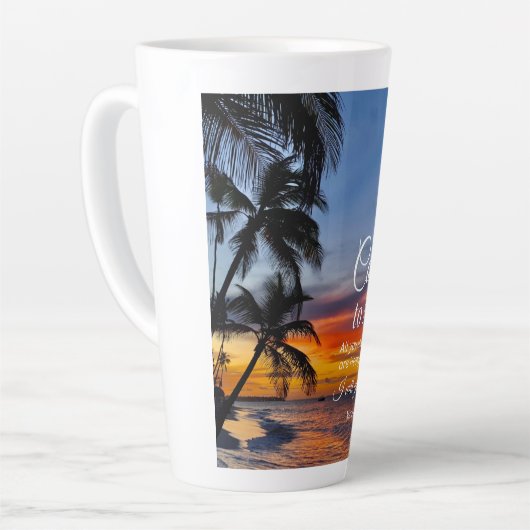 Mattheüs 11:28 Bijbelvers Palmbomen zonsondergang Latte Mok (Linkerhoek)