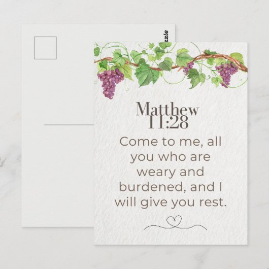 Mattheüs 11:28 Kom tot mij Schriftuur | Druivenran Briefkaart (Voorkant / Achterkant)