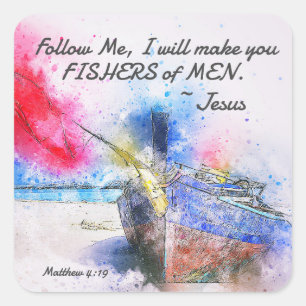 Matthew 4:19 Jezus zei: "Volg me Bijbelversie. Vierkante Sticker