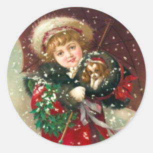 Maud Humphrey's Winter Girl met hond Ronde Sticker