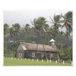 Maui, oude kerk, met de wind geblazen palmbomen foto afdruk