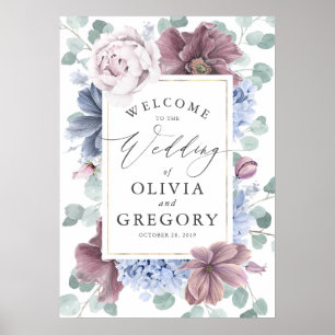Mauve and Dusty Blue Floral Wreath Weduwen Welkom Poster