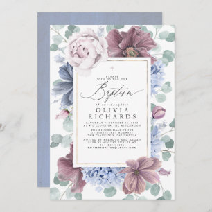 Mauve and Dusty Blue Flowers Elegant Baptism Kaart