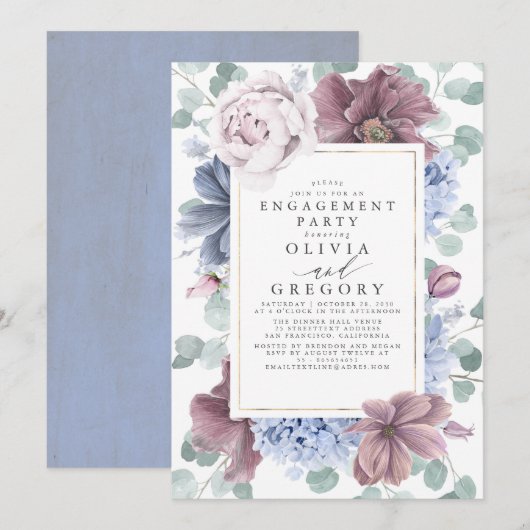 Mauve and Dusty Blue Flowers Engagement Party Kaart (Voorkant / Achterkant)