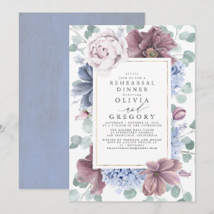 Mauve and Dusty Blue Flowers Rehearsal Dinner Kaart
