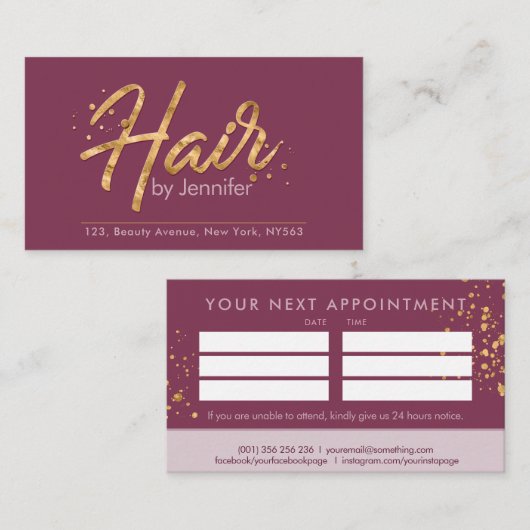 Mauve and Gold Glitter Appointment Visitekaartje (Voorkant / Achterkant)