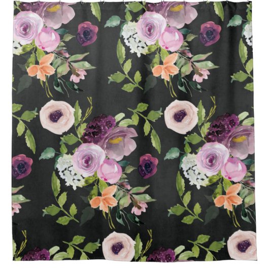 Mauve and Lila Floral Pattern on Black Douchegordijn (Voorkant)
