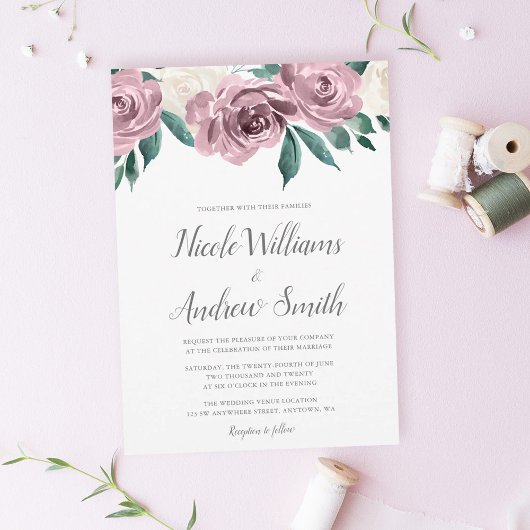 Mauve Aquarelle Rose Floral Wedding Invitations