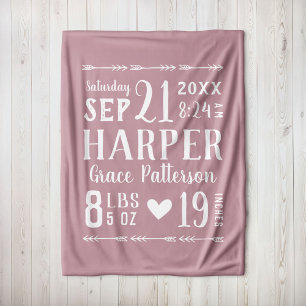 Mauve Baby Girl Geboortestatistieken Keepsake Fleece Deken