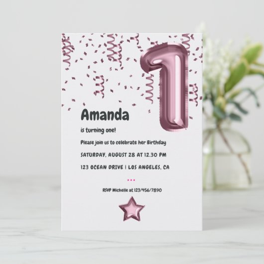 Mauve Balloon 1er Invitation anniversaire (Debout devant)