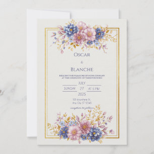 Mauve Blauwe Botanische Gouden Lijst Bruiloft Kaart