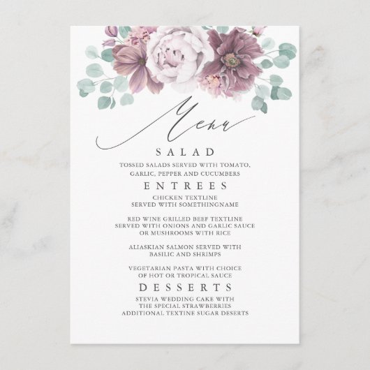Mauve Bloemenbruiloft Menu (Voorkant)