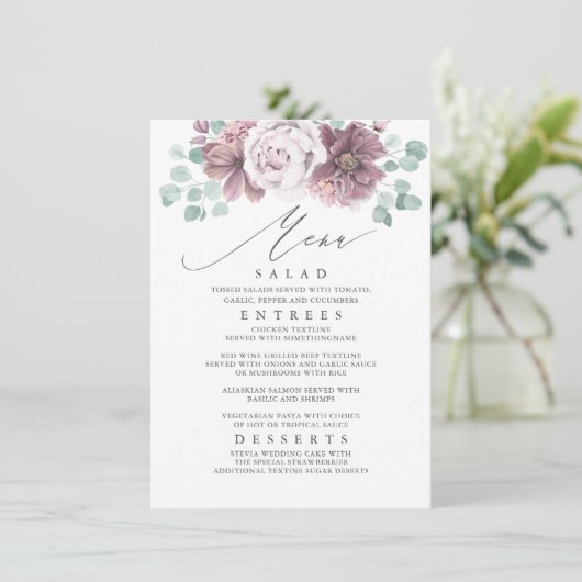 Mauve Bloemenbruiloft Menu (Staand voorkant)