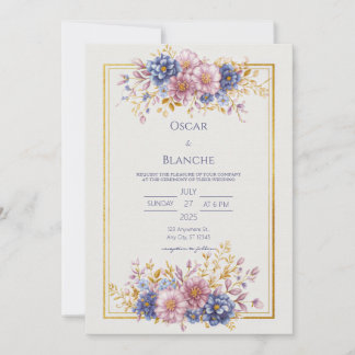 Mauve Blue Botanical Gold Frame Wedding Kaart