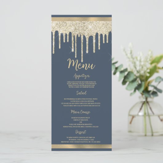 Mauve blue gold glitter drips luxury Wedding Menu (Staand voorkant)
