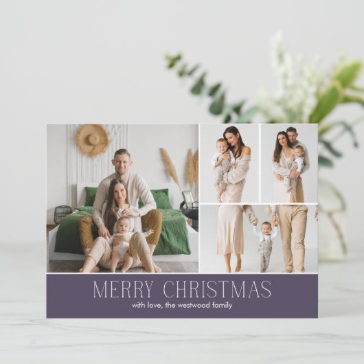 MAUVE Christmas Elegant 4 Collage Photo message Feestdagenkaart (Staand voorkant)