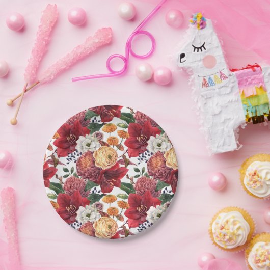 Mauve chrysanten en rode amaryllis herfst papieren bordje (Feest)