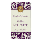 Mauve Damask Monogram Bruiloft Mini Wijn Labels (Voorkant)