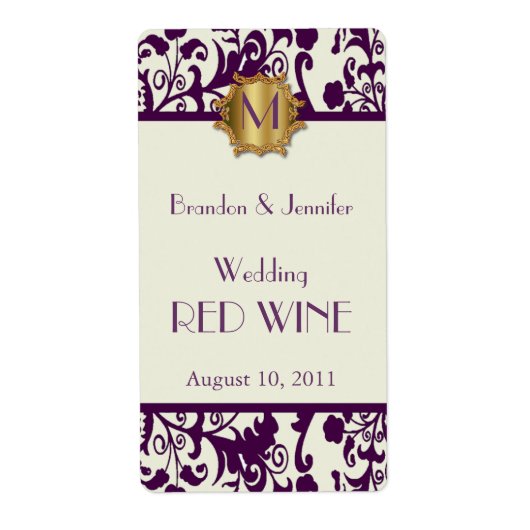 Mauve Damask Monogram Bruiloft Mini Wijn Labels (Voorkant)