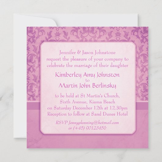 Mauve damask plechtige uitnodiging voor bruiloft (Achterkant)