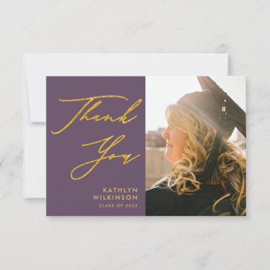 Mauve Elegant Gold Script Photo Afstuderen Bedankkaart (Voorkant)