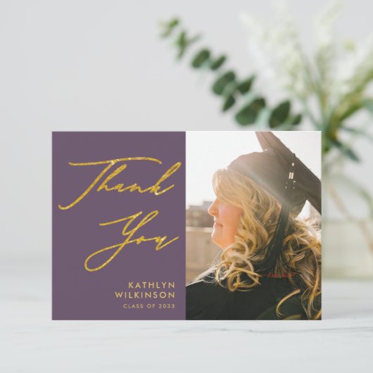 Mauve Elegant Gold Script Photo Afstuderen Bedankkaart (Staand voorkant)