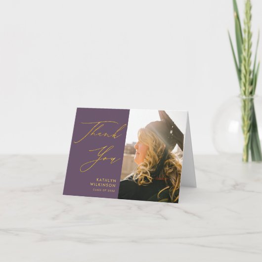 Mauve Elegant Gold Script Simple Photo Afstuderen Bedankkaart (Voorkant)