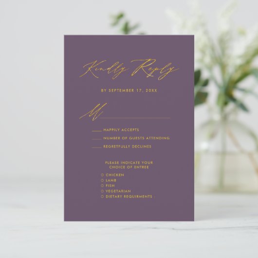 Mauve Elegant Goud Script Minimalistische Bruiloft Informatiekaartje (Staand voorkant)