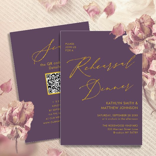 Mauve Elegant Goud Script Repetitie Diner QR code Kaart