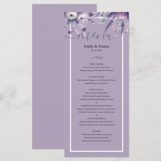 Mauve Elegant Lavender Botanical Mariage Menu (Devant / Derrière)
