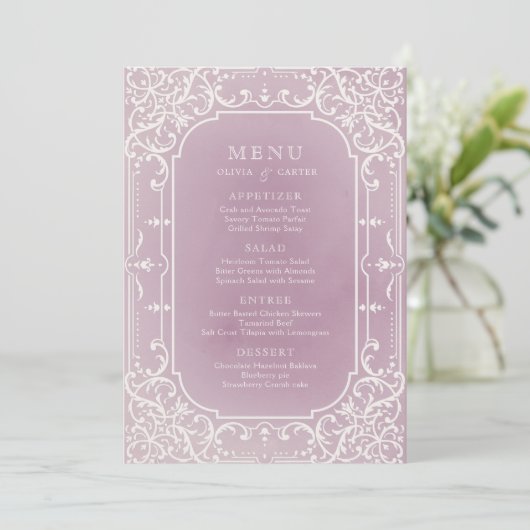 Mauve élégant menu de mariage romantique (Debout devant)