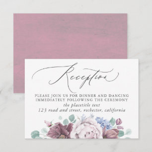 Mauve en Dusty Blue bruiloft receptie Informatiekaartje
