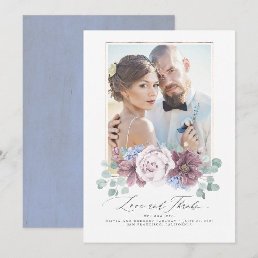 Mauve en Dusty Blue Floral Wedding Dank u kaart (Voorkant / Achterkant)