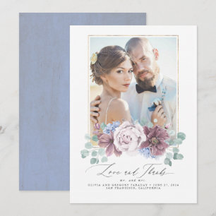 Mauve en Dusty Blue Floral Wedding Dank u kaart