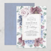 Mauve en Dusty Blue Flowers Elegante bruiloft Kaart (Voorkant / Achterkant)