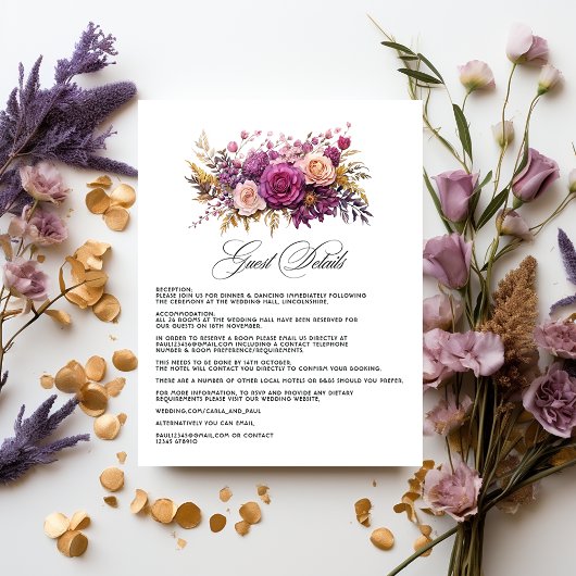 Mauve en Gold Floral bruiloft Gast Details Informatiekaartje