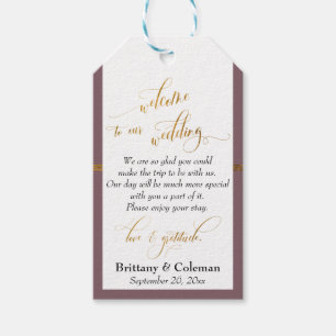 Mauve en Gold Welkom Liefde & Dankbaarheid Bruilof Cadeaulabel