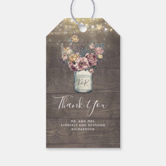 Mauve en Goud Bloemen Mason Jar Rustieke Bruiloft Cadeaulabel (Voorkant)