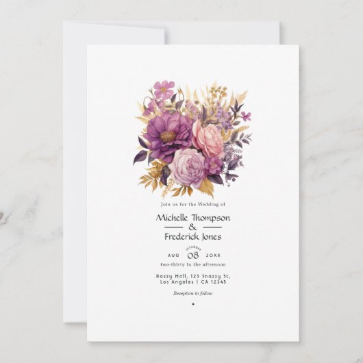 Mauve en gouden bloemenbruiloft kaart (Voorkant)