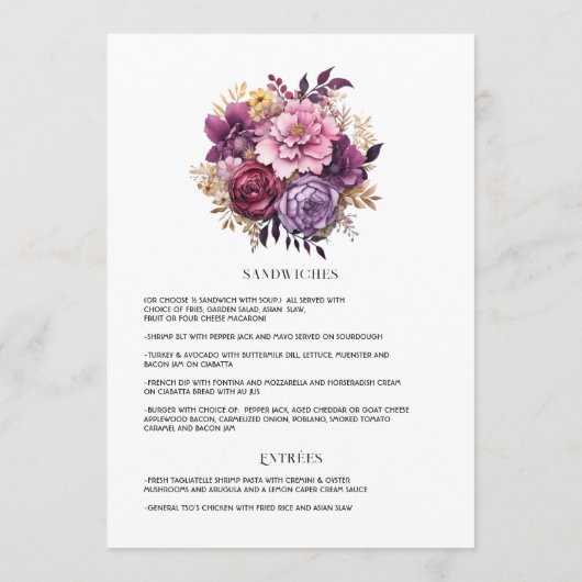 Mauve en gouden bloemenbruiloft menu (Achterkant)