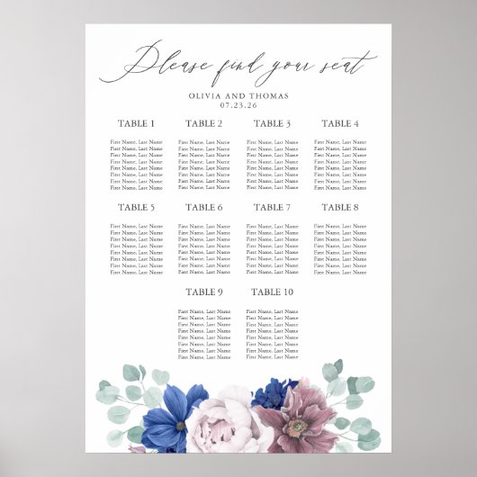 Mauve en Navy Blauwe Bloemen Trouwstoel Grafiek Poster (Voorkant)