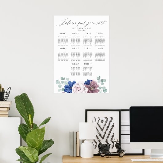 Mauve en Navy Blauwe Bloemen Trouwstoel Grafiek Poster (Thuiskantoor)